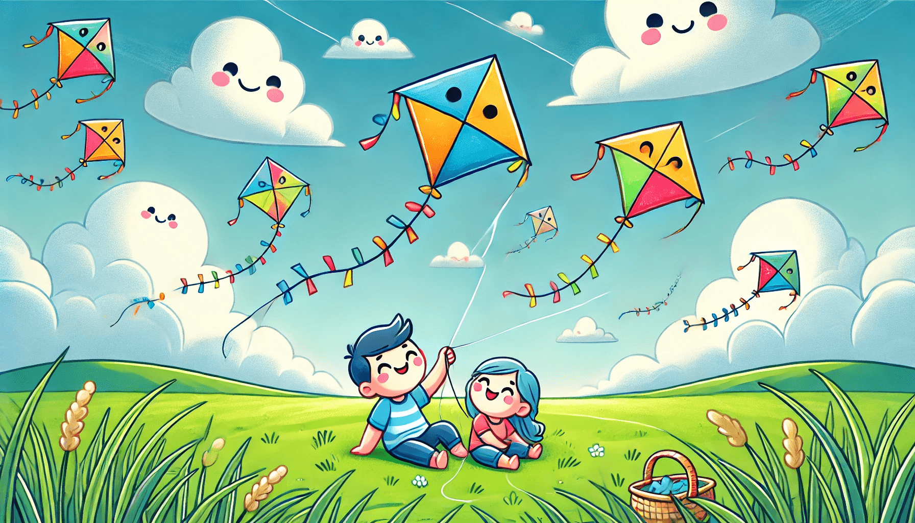 Colorful kites flying in a blue sky